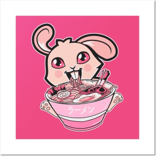 Kawaii Bunny Rabbit Eating Ramen Noodles Girls & Teens Anime Posters and Art